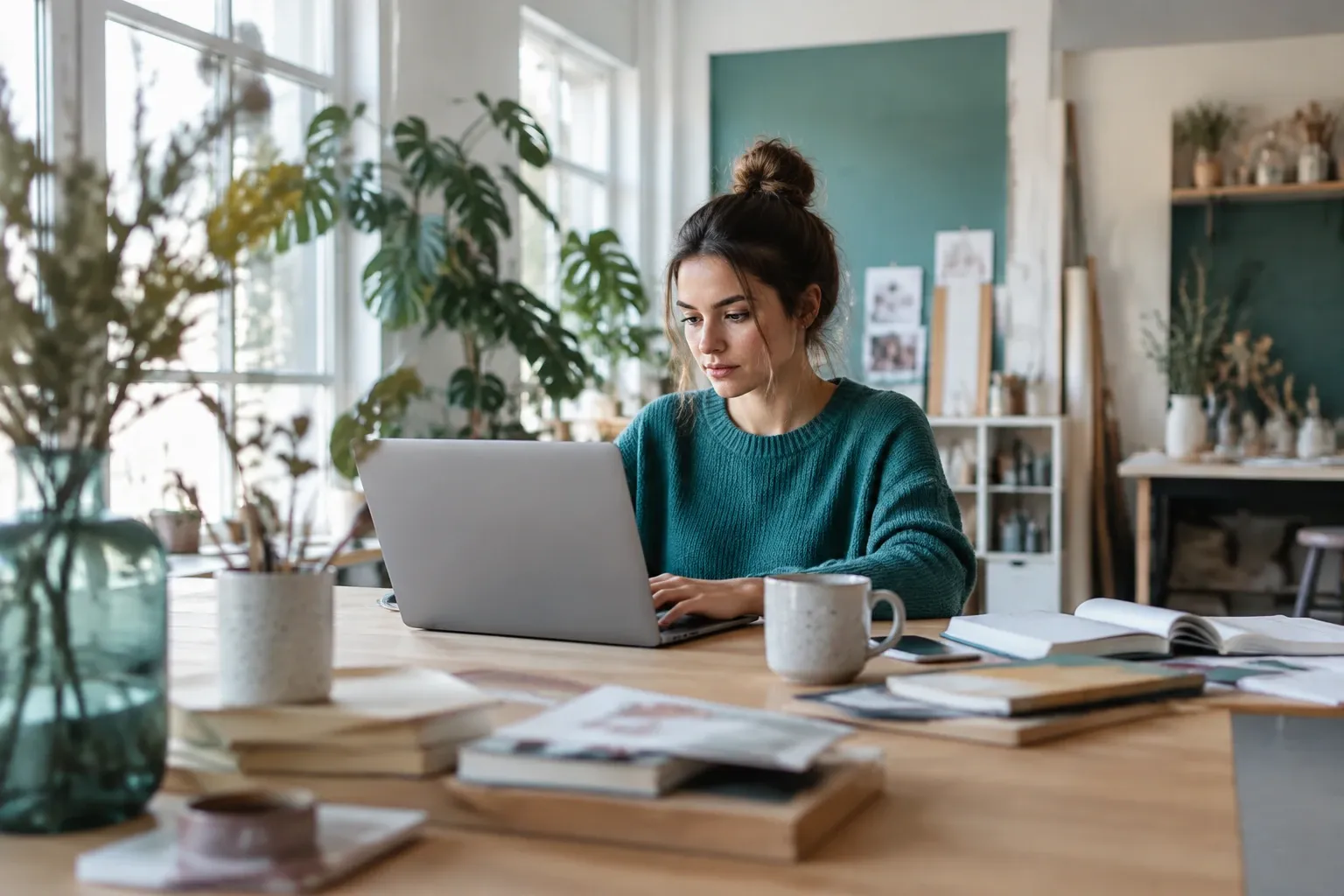 Ondernemer werkt aan een website op een laptop in een lichte werkruimte