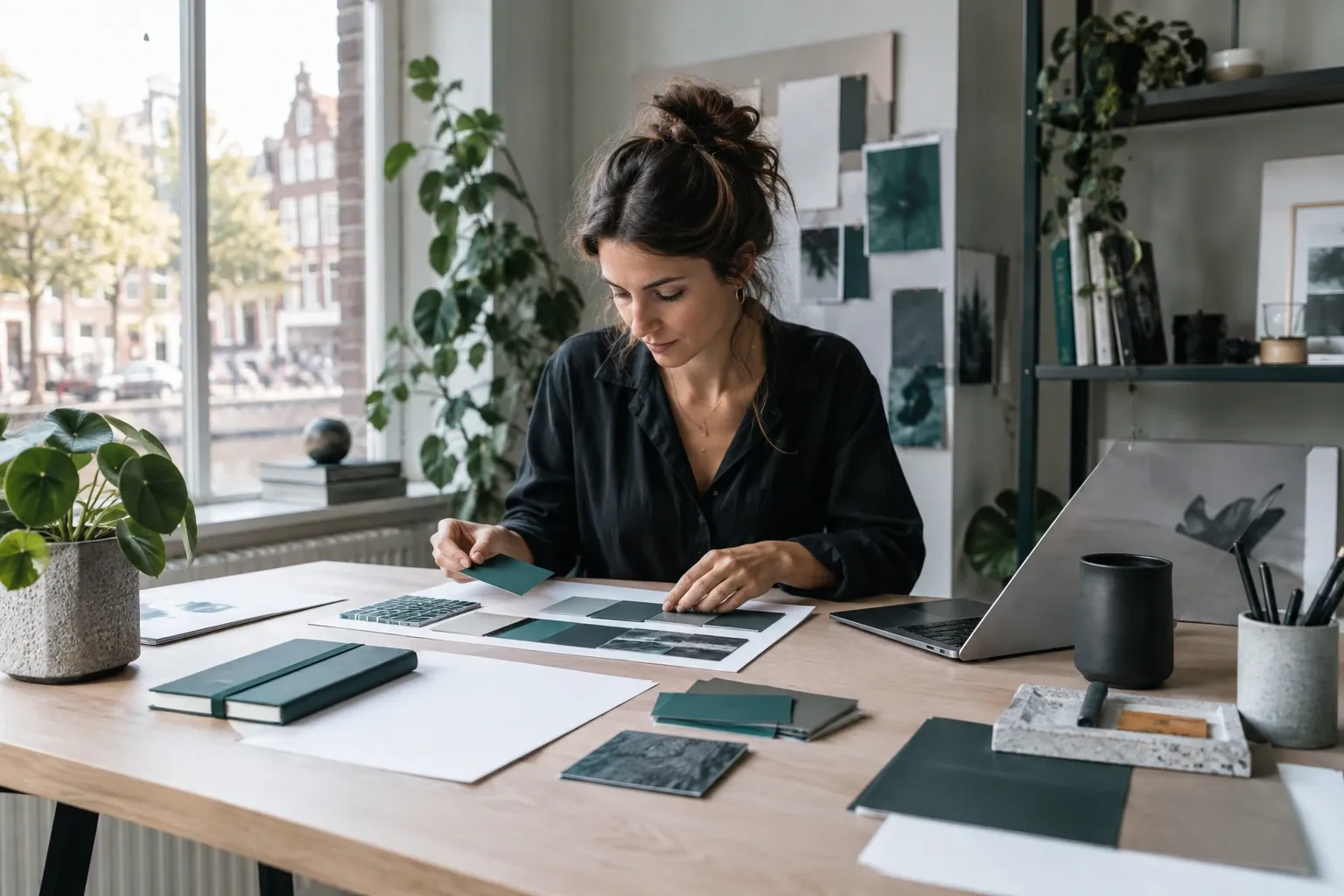 Vrouw aan bureau bekijkt en rangschikt huisstijlkleurstalen en ontwerpen in atelier