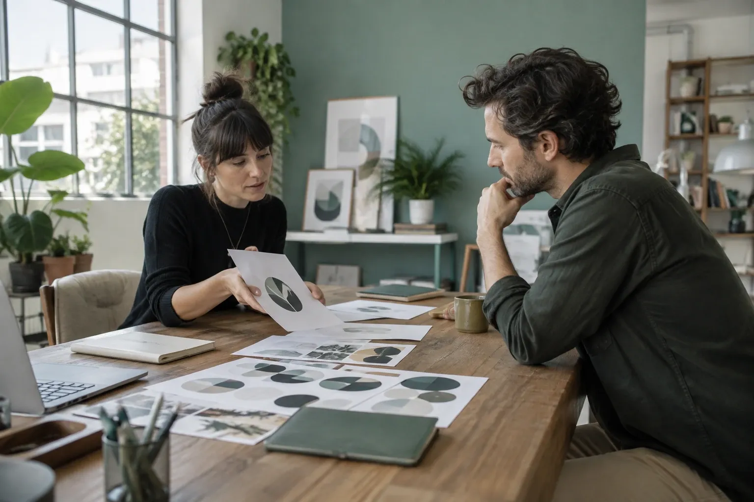 Ontwerper toont logo- en kleurvoorstellen aan klant aan houten tafel in kantoor