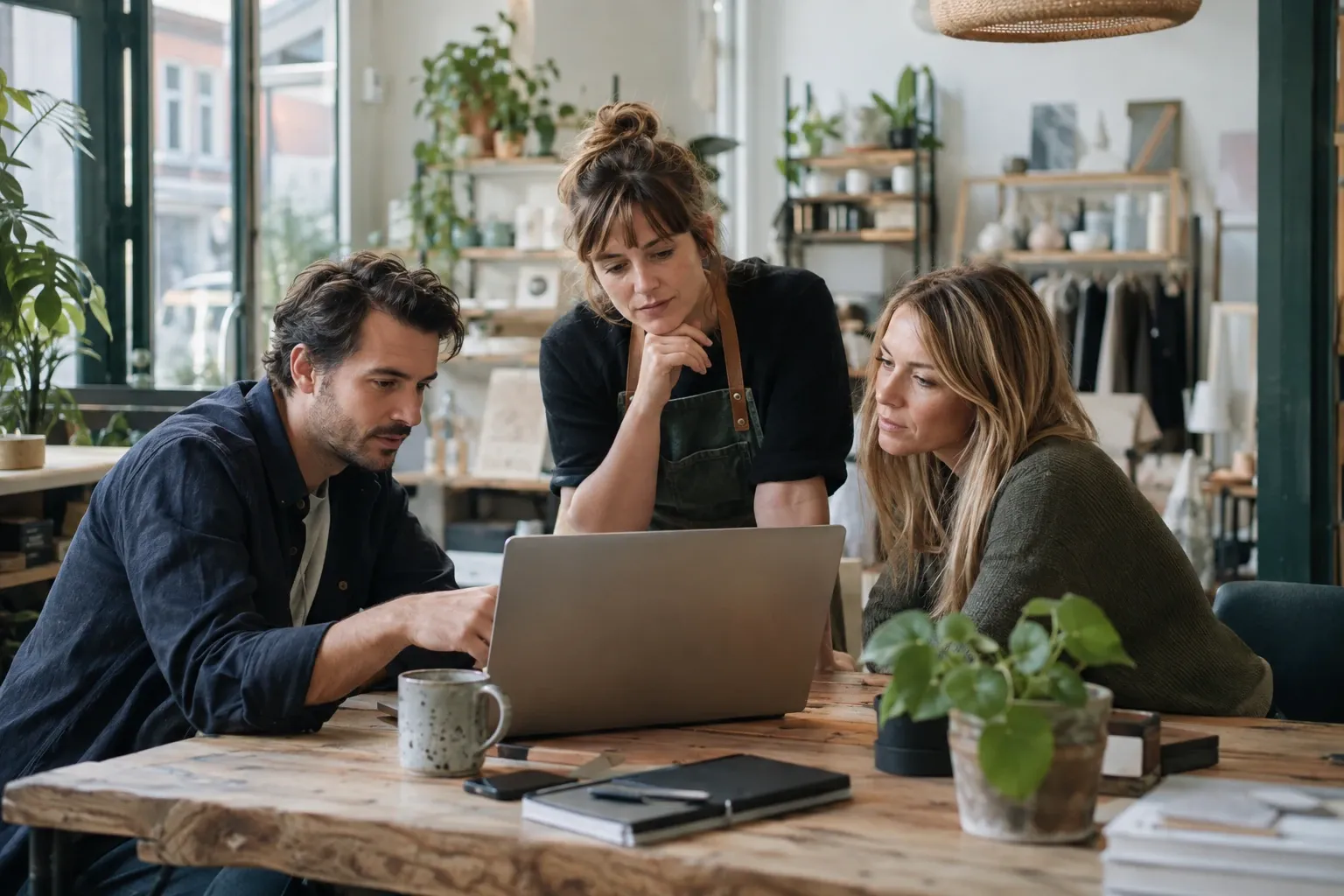 Drie mensen bespreken webshopontwerp achter laptop in sfeervolle winkelruimte met planten