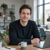 Man van rond de dertig met kort donker haar en een donkere trui, lachend in een werkruimte