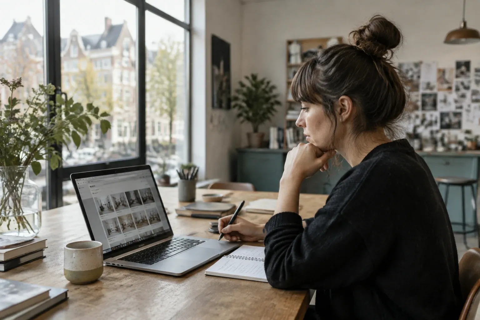 Vrouw met notitieboek werkt geconcentreerd aan laptop bij raam in lichte werkruimte