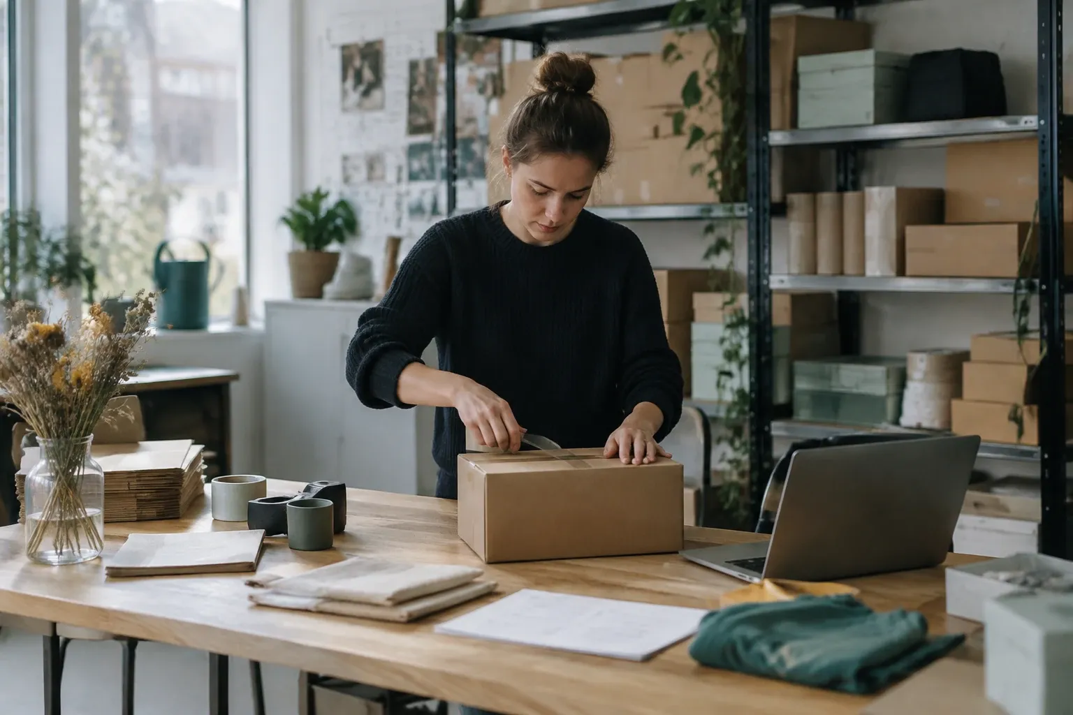 Vrouw pakt een bruin pakje in, werktafel met laptop, dozen en verpakkingsmaterialen