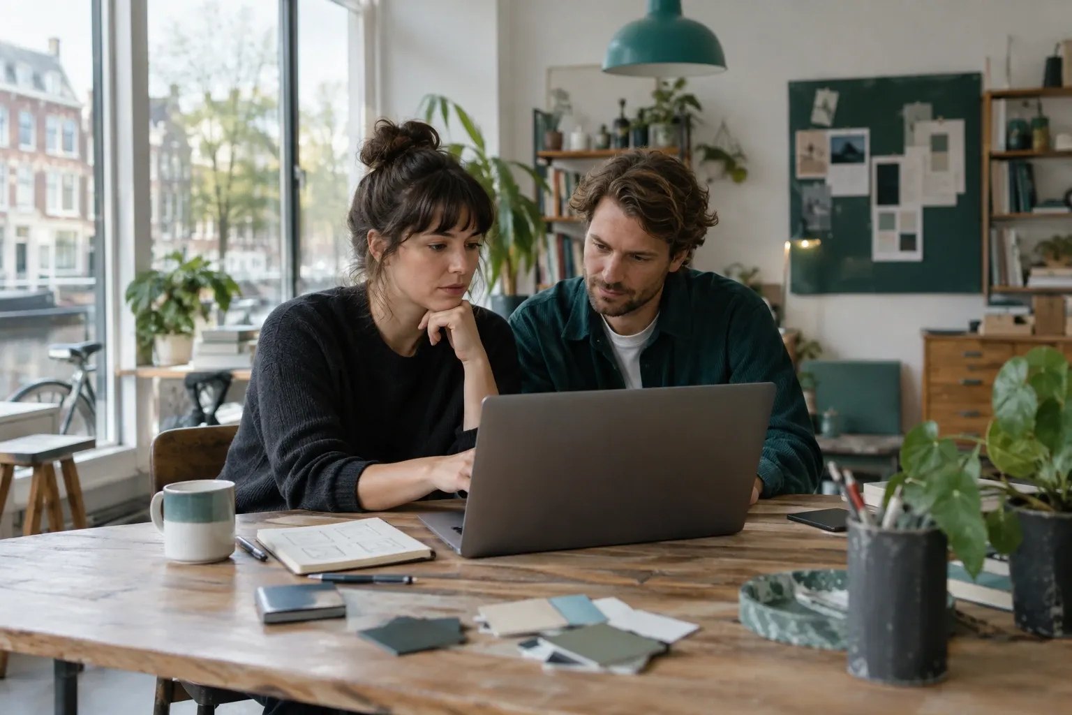 Twee mensen samen beoordelend naar laptop kijken in lichte kantoorruimte met notities